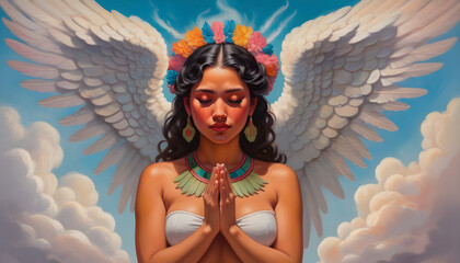 Godddess Mexican Girl Angel Wings Chicano Lowrider Art Street Tattoo Illustration Airbrush Aztec Praying Hands #34 - obrazy, fototapety, plakaty