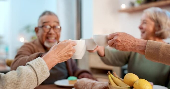 Tea party, hands and toast with senior friends in a retirement home together for bonding in the morning. Cheers, drink and a group of happy elderly people in an apartment living room for celebration