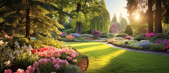 The golden sun illuminates the lush green grass and vibrant flowers creating a beautiful floral landscape that exudes the natural beauty of spring and summer the colorful and picturesque gar