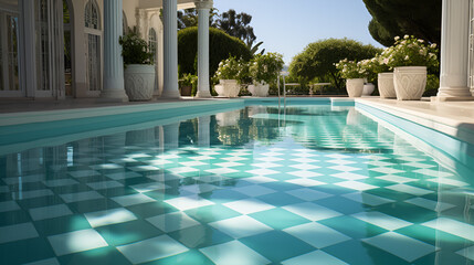 A luxurious mansion's meticulously clean shallow pool with a checkered floor