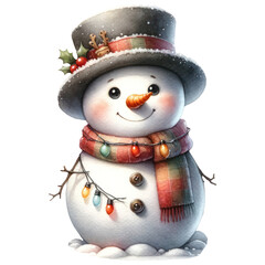 Christmas Winter Snowman with Lights, Watercolor, Festive Decoration Isolated on Transparent Background. Generative AI