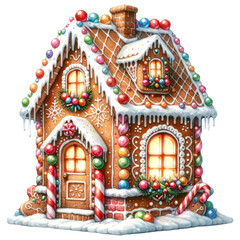 Fototapeta premium Christmas Gingerbread House Cookie with Colorful Decor, Watercolor, Festive Decoration Isolated on Transparent Background. Generative AI