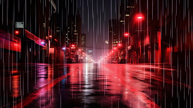 Red city light reflection on wet traffic floor, dark mood skyscraper wallpaper backdrop, traffic light tails reflection in a rainy midnight Metropolitan 