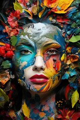 woman with face made of planet earth, decoupage