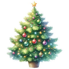 Christmas Tree with Bauble Ball, Star and Lights, Watercolor, Festive Decoration Isolated on Transparent Background. Generative AI
