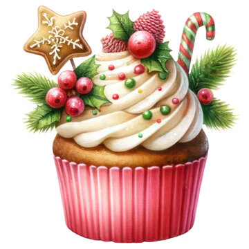 recommend clip art: Christmas Cupcake with Holly Berry, Star, Candy and Funfetti Sprinkles Icing, Sweet Dessert, Watercolor, Festive Decoration Isolated on Transparent Background. Generative AI