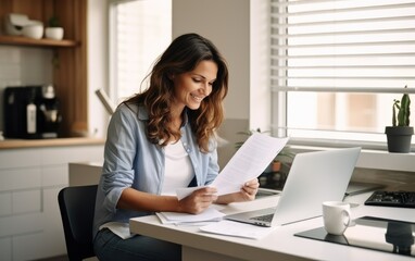 Smiling businesswoman reading financial document and using laptop on desk while working from home