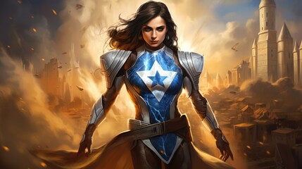 Character game. A heroine with the colors of the Israeli flag. White and blue uniform.