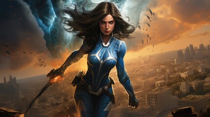 Obraz premium Character game. A heroine with the colors of the Israeli flag. White and blue uniform.