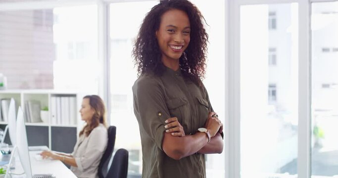 Woman, office and arms crossed with face, happy and smiling for new corporate role. Management, positive and job for company, confidence and workplace in portrait, laugh and assertive businesswoman
