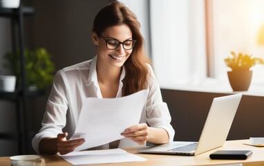 Smiling businesswoman reading financial document and using laptop on desk while working from home