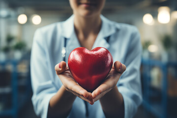 Smiling female cardiologist holding a red heart and showing the object to the camera. Happy doctor expressing support for patients with cardiovascular  examination to receive  ai generative - obrazy, fototapety, plakaty