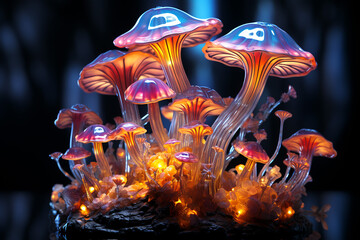 mushrooms under the light with bright ai generative