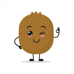 Cute happy kiwi character. Funny smiling and wink fruit cartoon emoticon in flat style. closet vector illustration