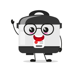 Cute happy rice cooker character wear eyeglasses. Smiling and greet home appliance cartoon emoticon in flat style. closet vector illustration