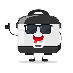 Cute happy rice cooker character wear sunglasses. Funny home appliance greet friend cartoon emoticon in flat style. closet vector illustration