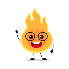 Cute happy fire character wear eyeglasses. Smiling and greet flame cartoon emoticon in flat style. closet vector illustration