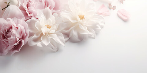 Fototapeta na wymiar White and pink flowers, on white background, romance concept 