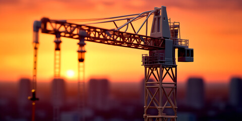 Industrial crane toy with sunrise background, selective focus - obrazy, fototapety, plakaty