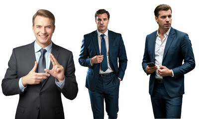 Businessmen, set, isolated, transparent background, in different poses, a businessman gesturing, walking forward, thoughtful, holding a phone in his hands, in a suit, jacket, tie, politician, png