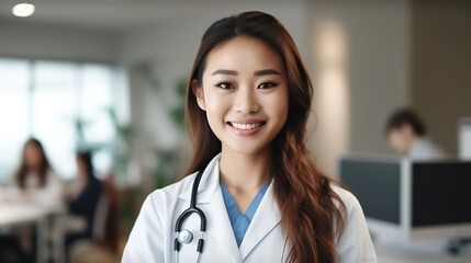 Portrait of a happy beautiful Asian female doctor smiling at the camera