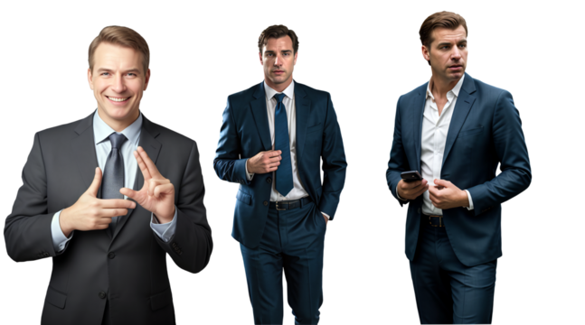 Businessmen, set, isolated, transparent background, in different poses, a businessman gesturing, walking forward, thoughtful, holding a phone in his hands, in a suit, jacket, tie, politician, png