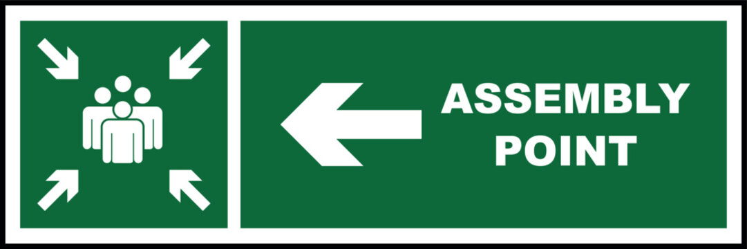 Emergency evacuation assembly point sign with left direction arrow, gathering point signboard, vector illustration.