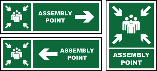 Emergency evacuation assembly point sign bundle, safety gathering point signboard, vector illustration.
