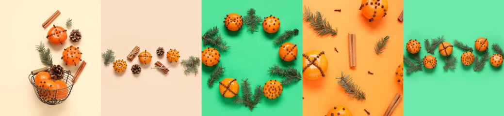 Collage with many pomander balls and Christmas decorations on color background, flat lay