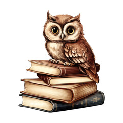 Owl Sitting on Books Graphic Isolated on White Background