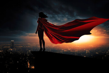 Superwoman Superhero in Red Cape Over City During Sunset - obrazy, fototapety, plakaty