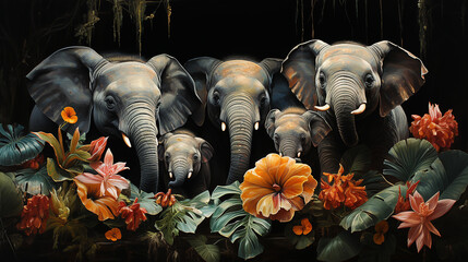Elefanten und tropische Blumen im Dschungel. Digitale Malerei.