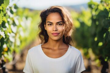 Beautiful Latin American woman posing outdoors in vineyard orchard