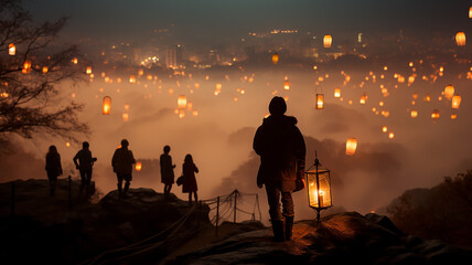 festival of Chinese burning lanterns in the night sky, silhouettes of people on the background of the holiday
