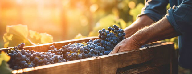 Close up shot of hands manipulating grapes for vintage season with orchard as background