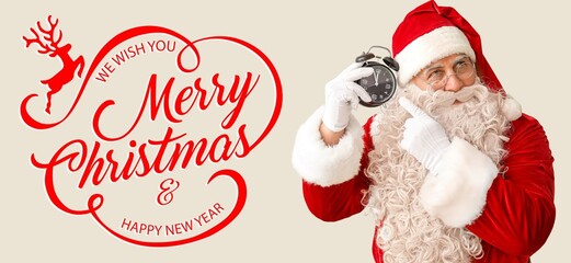 Greeting banner for Christmas and New Year with Santa Claus holding alarm clock on white background - Powered by Adobe
