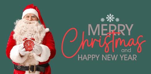 Greeting banner for Christmas and New Year with Santa Claus holding alarm clock