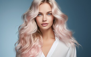 Naklejka premium Model woman with long wavy blonde hair, studio background