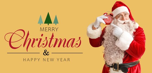Greeting banner for Christmas and New Year with Santa Claus holding alarm clock
