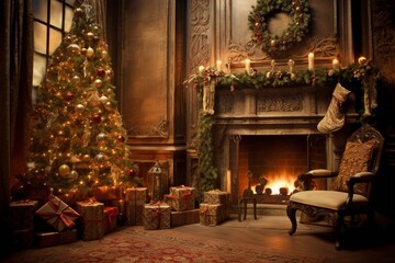 Fototapeta na wymiar Festive tree, presents, star and fireplace create warm home ambiance. Generative AI