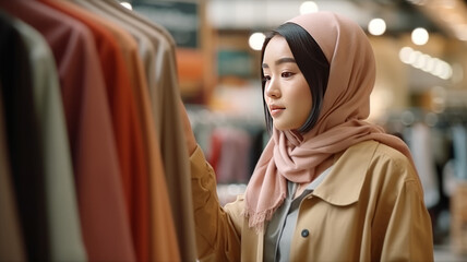 asian women looking at clothes and price tag while shopping at store