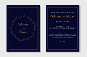 Naklejka na ściany i meble Wedding invitation layout template in winter theme. Inscription in a gold frame dark blue background. Design of an invitation card. Vector illustration.