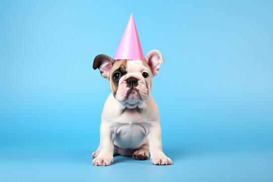 A small adorable bulldog wearing a blue birthday hat, standing alone on a pastel pink backdrop. It's a birthday puppy party theme. Generative AI