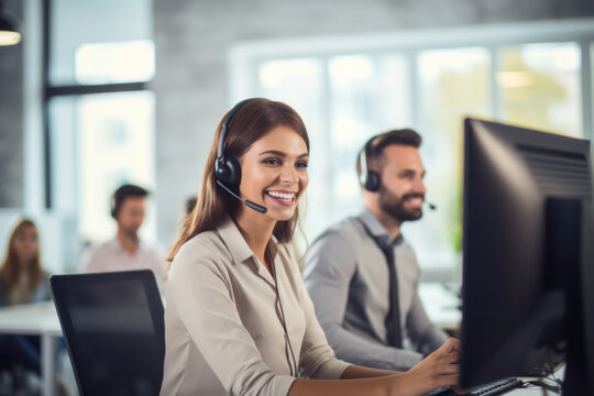 Call centre specialist, help desk service operator talking with client