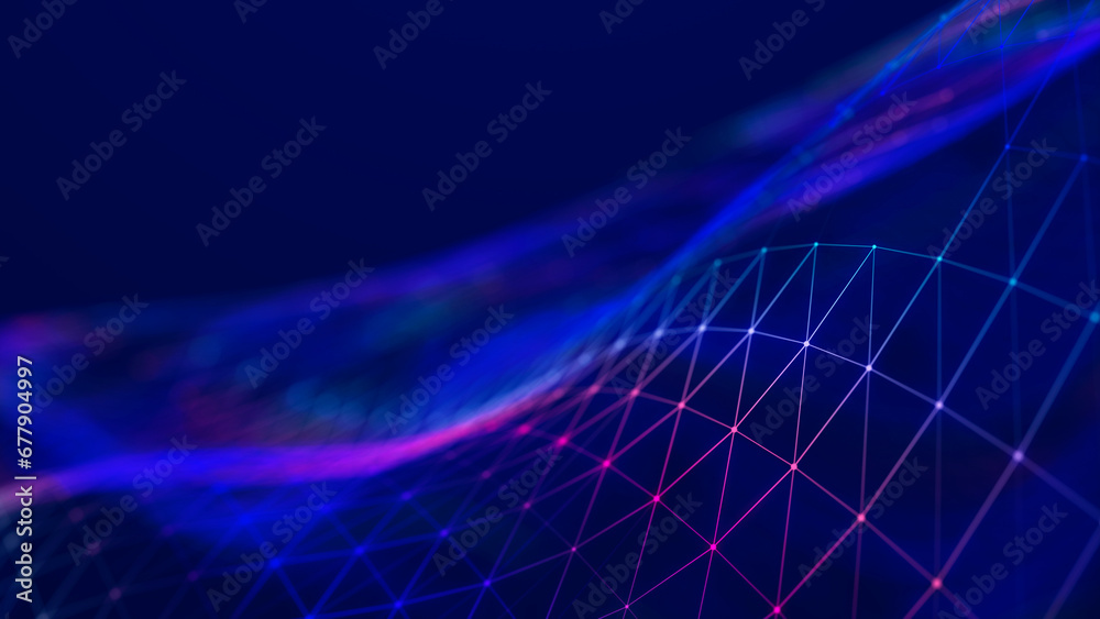 Poster Abstract polygonal space with connecting dots and lines. Dark background. Connection structure. 3d