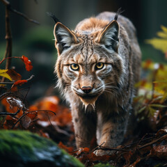 Obraz premium A Rare Lynx Is Prowling Through A Dense Forest, Background For Banner, HD