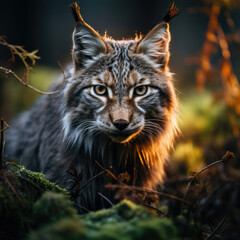 Obraz premium A Rare Lynx Is Prowling Through A Dense Forest, Background For Banner, HD