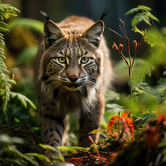 Naklejka na ściany i meble A Rare Lynx Is Prowling Through A Vibrant Meadow, Background For Banner, HD