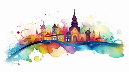 Fotobehang multicolored abstract city, watercolor illustration ink and spots of all colors of the rainbow isolated on a white background, composition of a row of houses © kichigin19