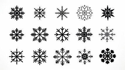 collection of snowflakes isolated on a white background, flat minimalism graphics, set of winter patterns